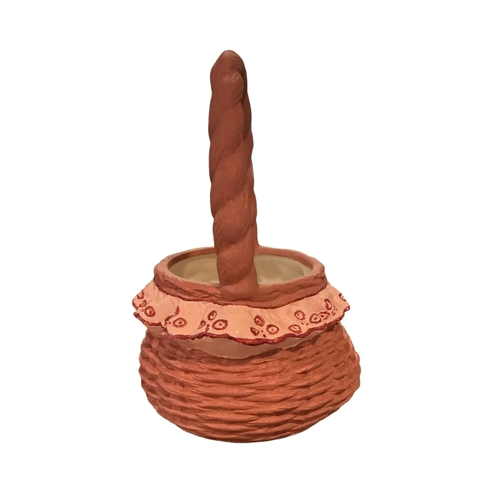 Vintage Ceramic Woven Basket Planter Terracotta Ruffle Floral Detail 7.5 Inch